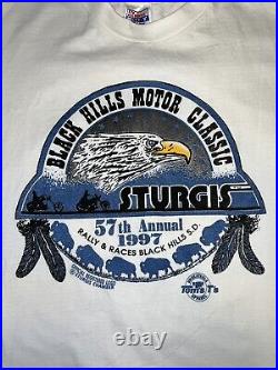 1997 Sturgis Rally Double Sided Tee Shirt Size L Made In USA Blue Metallic