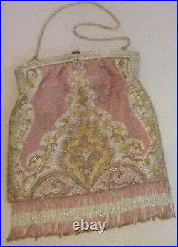 20s fine antique CUT STEEL PURSE exquisite large beaded bag pink original fringe