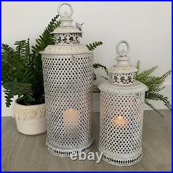 2 White Large Garden Metal Lanterns French Country Antique Vintage Style Candle