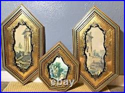 (3) Vintage Reverse Eglomise Wood Gold Gilt Blue Wood Frames Polygon withPrints