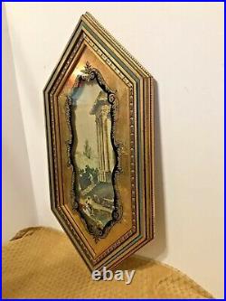 (3) Vintage Reverse Eglomise Wood Gold Gilt Blue Wood Frames Polygon withPrints