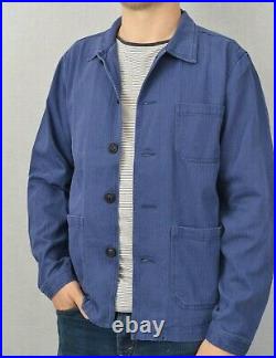 60s Style Washed Indigo Blue French Jacket Workwear Chore Herringbone Cotton
