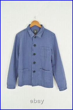 60s Style Washed Indigo Blue French Jacket Workwear Chore Herringbone Cotton