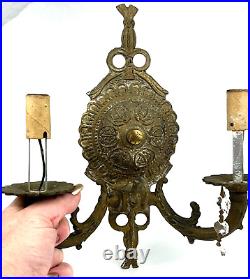 Antique Incredible Pair Brass Bronze 2 Arm Wall Sconces Crystal Accents Vintage