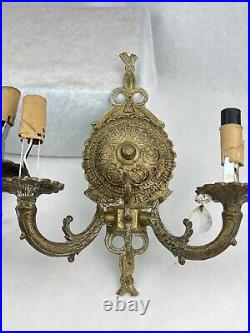 Antique Incredible Pair Brass Bronze 2 Arm Wall Sconces Crystal Accents Vintage