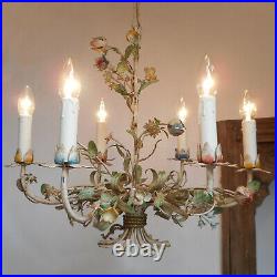 Antique Italian Florentine Tole Chandelier Ceiling Light 6 Arms Flowers Vtg