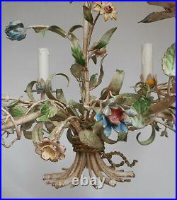 Antique Italian Florentine Tole Chandelier Ceiling Light 6 Arms Flowers Vtg