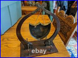Antique Large Brass Shield Gong Mallet Table Mount Dinner Bell Instrument Vtg