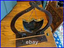 Antique Large Brass Shield Gong Mallet Table Mount Dinner Bell Instrument Vtg