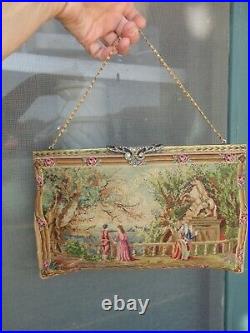 Antique Large French Petit Point Scenic Figural Tapestry Marcasite Evening Bag