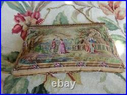 Antique Large French Petit Point Scenic Figural Tapestry Marcasite Evening Bag