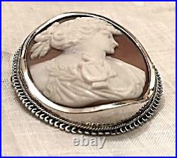 Antique Shell Cameo Sterling Silver Victorian Lady Large Greek Roman Classic Vtg