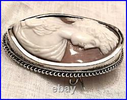 Antique Shell Cameo Sterling Silver Victorian Lady Large Greek Roman Classic Vtg