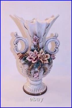 Antique VTG Capodimonte Made Italy Porcelain Rose Vase Vahz Large Flowers Floral
