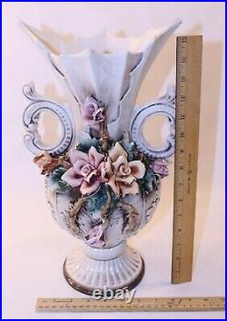 Antique VTG Capodimonte Made Italy Porcelain Rose Vase Vahz Large Flowers Floral