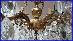Antique Vintage 6 Arms Cast Brass & Crystals Cherub Chandelier Lighting Lamp