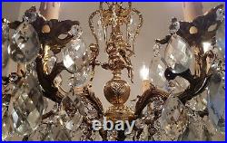 Antique Vintage 6 Arms Cast Brass & Crystals Cherub Chandelier Lighting Lamp