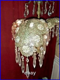 Antique Vintage Art Deco Nouveau Brass 3 Palm Frond Crystal Filigree Chandelier