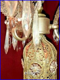 Antique Vintage Art Deco Nouveau Brass 3 Palm Frond Crystal Filigree Chandelier