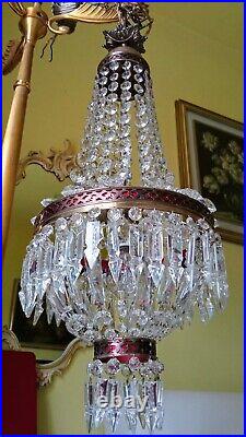 Antique Vintage Brass & Crystals French Empire Chandelier Ceiling Lamp Light