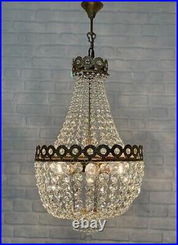 Antique Vintage Brass & Crystals French Empire LARGE Chandelier Ceiling Lamp