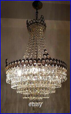 Antique Vintage Brass & Crystals French LARGE Chandelier Lighting Lamp Light