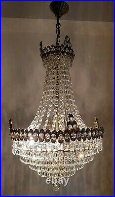 Antique Vintage Brass & Crystals French LARGE Chandelier Lighting Lamp Light
