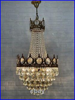 Antique Vintage Brass & Crystals LARGE French Empire Chandelier Ceiling