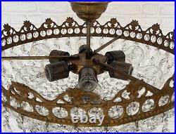 Antique Vintage Brass & Crystals Low Ceiling LARGE Chandelier Lighting Lamp