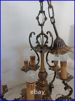 Antique Vintage Chandelier Bronze Brass 6 Arms 9 Lights