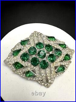 Antique Vintage Emerald Green Teardrop Crystal Rhinestone Large Art Deco Brooch