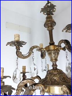 Antique Vintage Large Chandelier Crystals Brass 12 Arms 12 Lights