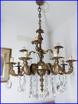 Antique Vintage Large Chandelier Crystals Brass 12 Arms 12 Lights