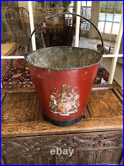 Antique Vintage Large Tole Metal Bucket Pail W Handle & Royal Crest Painting