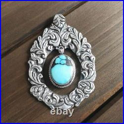 Antique Vintage Solid Sterling Silver Ornate Vines Turquoise Stone Large Pendant