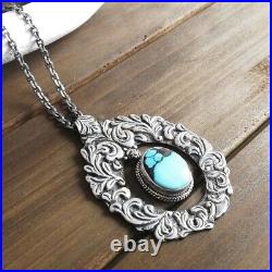 Antique Vintage Solid Sterling Silver Ornate Vines Turquoise Stone Large Pendant