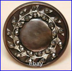 Antique Vtg BUTTON Large Dark Pearl Shell w Silver Leaves & Cut Steels NICE