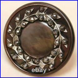 Antique Vtg BUTTON Large Dark Pearl Shell w Silver Leaves & Cut Steels NICE