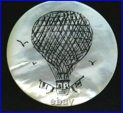 Antique Vtg BUTTON Large Engraved Pearl Shell HOT AIR BALLOON Nice