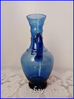 Antique Vtg Hand Blown Cobalt Blue Glass Vase Applied Handles