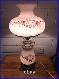 Antique Vtg Large Pink Floral Painted Large Hurricane Lamp Glass Brass 27 Tall