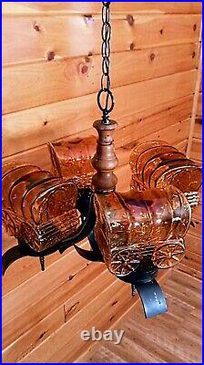 Antique/Vtg Rustic Old Western Country Amber Glass Wagon Large Chandelier Light