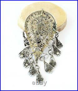 Antique large Yemen Silver/gold Bawsani filigree silver dangles pendant, Bawsani