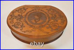 Antique or Vtg large mahogany or rosewood oval hinged box Victorian Engraving