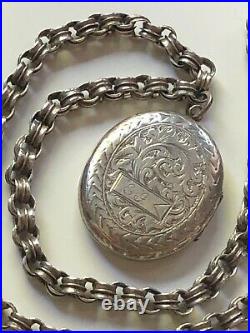 Antique vintage Victorian solid silver large engraved oval locket & chain 20g