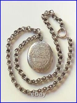 Antique vintage Victorian solid silver large engraved oval locket & chain 20g