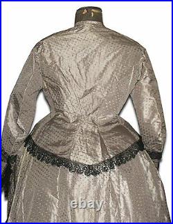 Antique visiting Dress grey / purple silk civil war era 1860's crinoline cage