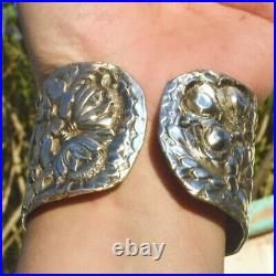 Art Nouveau Sterling 925 Floral Cuff Bracelet XL Extra Large Size 8 Antique VTG