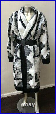 Aztec Geometric Vintage Blanket Black White Faux Alpaca Retro Fur Jacket Coat XL