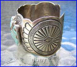 BRACELET LARGE CUFF TURQUOISE STERLING SIGNED WB WILBERT BENALLY 1970's NAVAJO